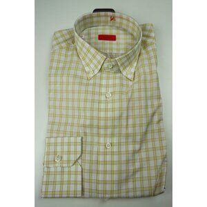 Isaia Napoli Yellow White Plaid Long Sleeve Cotton Dress Shirt 15.5/39 NEW